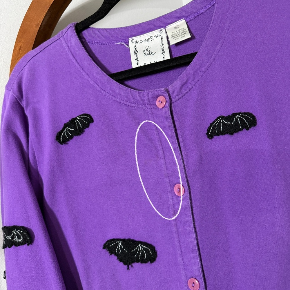 Vintage Michael Simon XL Purple Green Embroidered Halloween Bat Cardigan Sweater - Picture 9 of 9